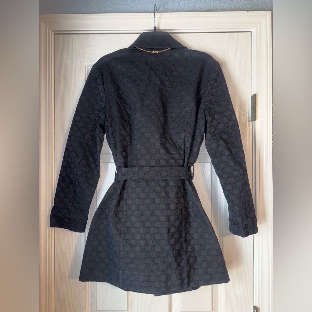 St. John Sport Black Jacquard Logo Print Belted Gold Chain Accent Coat Trench S - Picture 2 of 6
